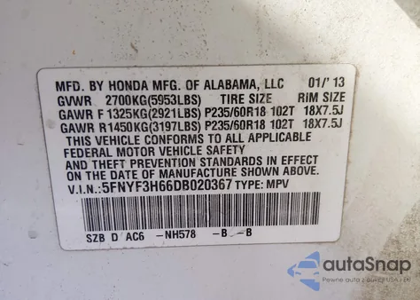 2013 Honda Pilot Ex-L z USA, uszkodzony, nr VIN 5FNYF3H66DB020367